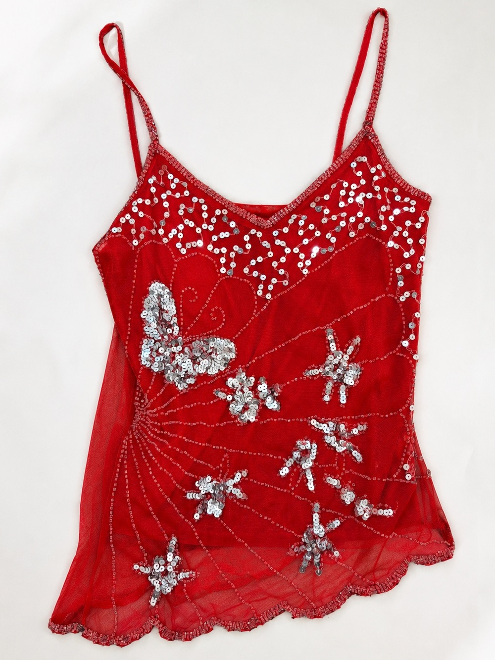 VINTAGE WILD CAT Y2K Asymmetrical Beaded Embellished Sequin Mesh Cami Top in Red